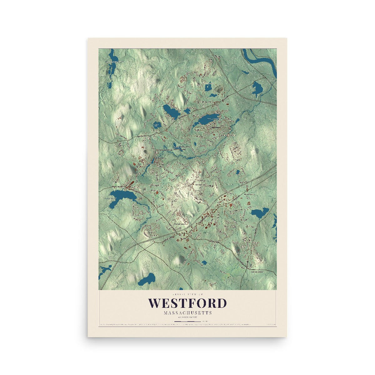 Map of Westford, Massachusetts, 12 x 18 inch unframed archival matte print