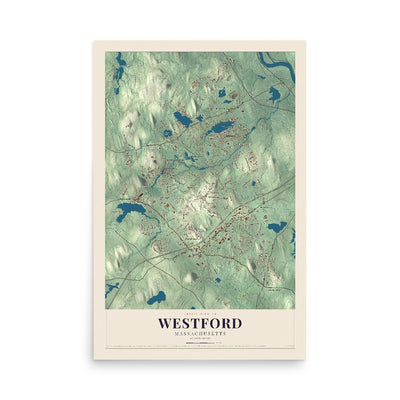 Map of Westford, Massachusetts, 12 x 18 inch unframed archival matte print