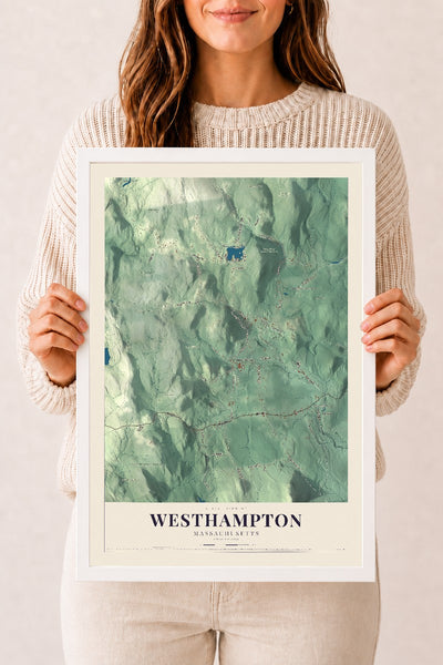 Westhampton, Massachusetts map print - 12 x 18 white Ayous wood frame