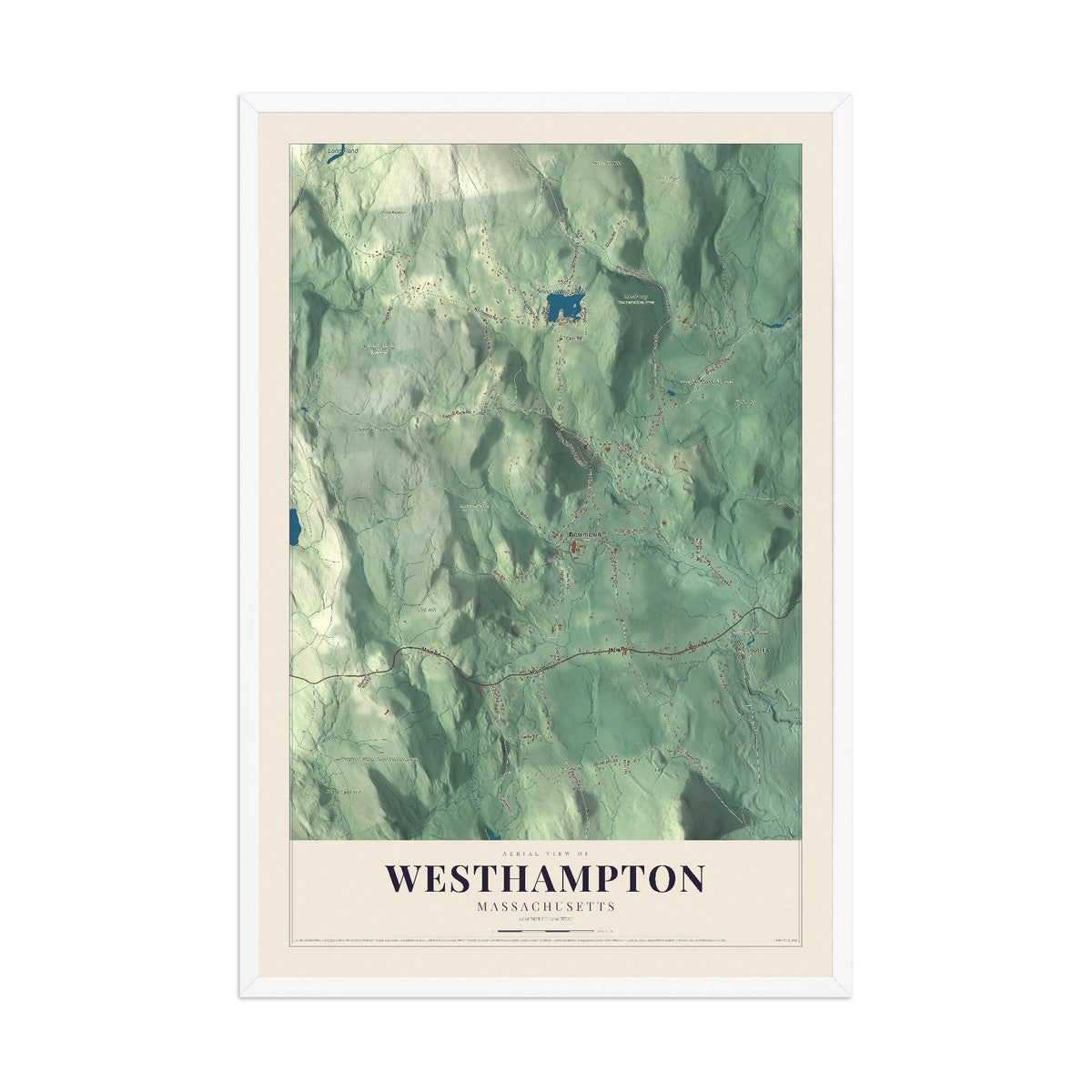 Map of Westhampton, Massachusetts, 12 x 18 inch print in a white wood frame