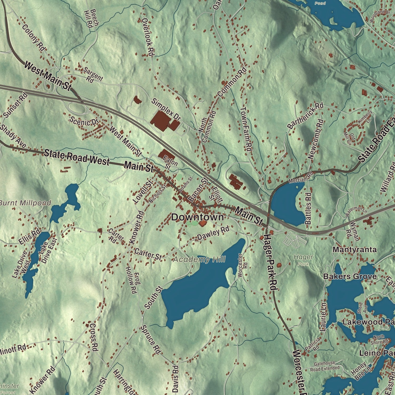 Street and neighborhood detail from the Westminster, Massachusetts map
