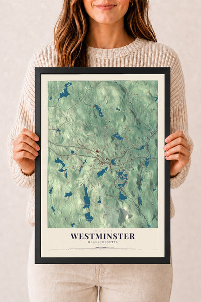 Westminster, Massachusetts map print - 12 x 18 black Ayous wood frame