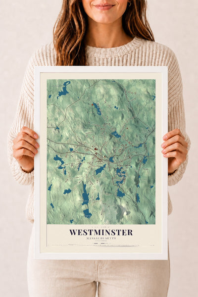 Westminster, Massachusetts map print - 12 x 18 white Ayous wood frame