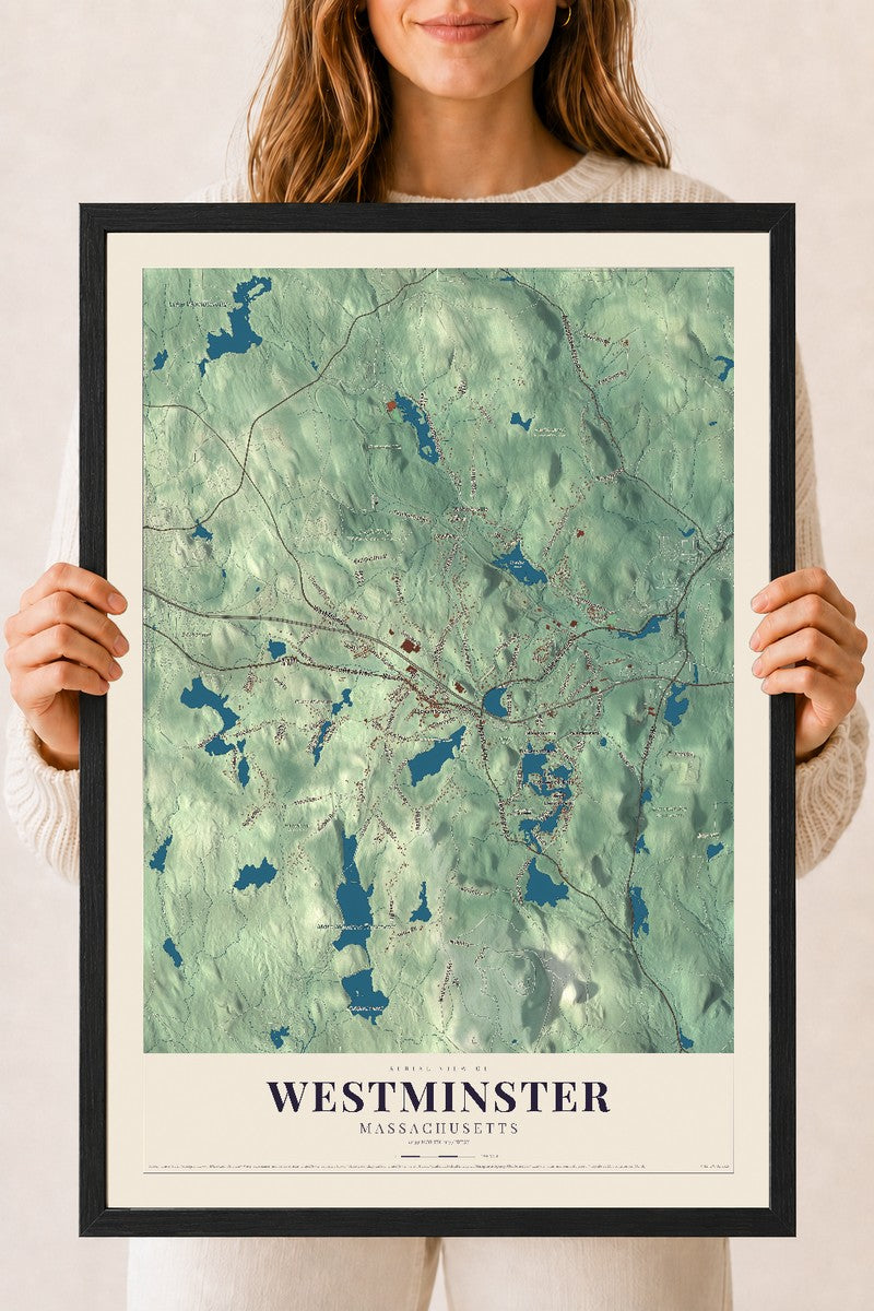Westminster, Massachusetts map print - 18 x 24 black Ayous wood frame