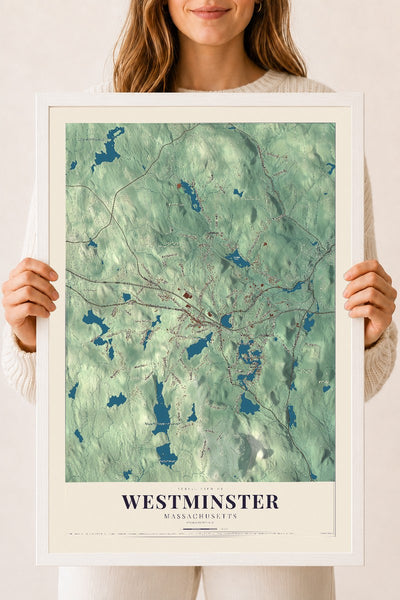 Westminster, Massachusetts map print - 18 x 24 white Ayous wood frame