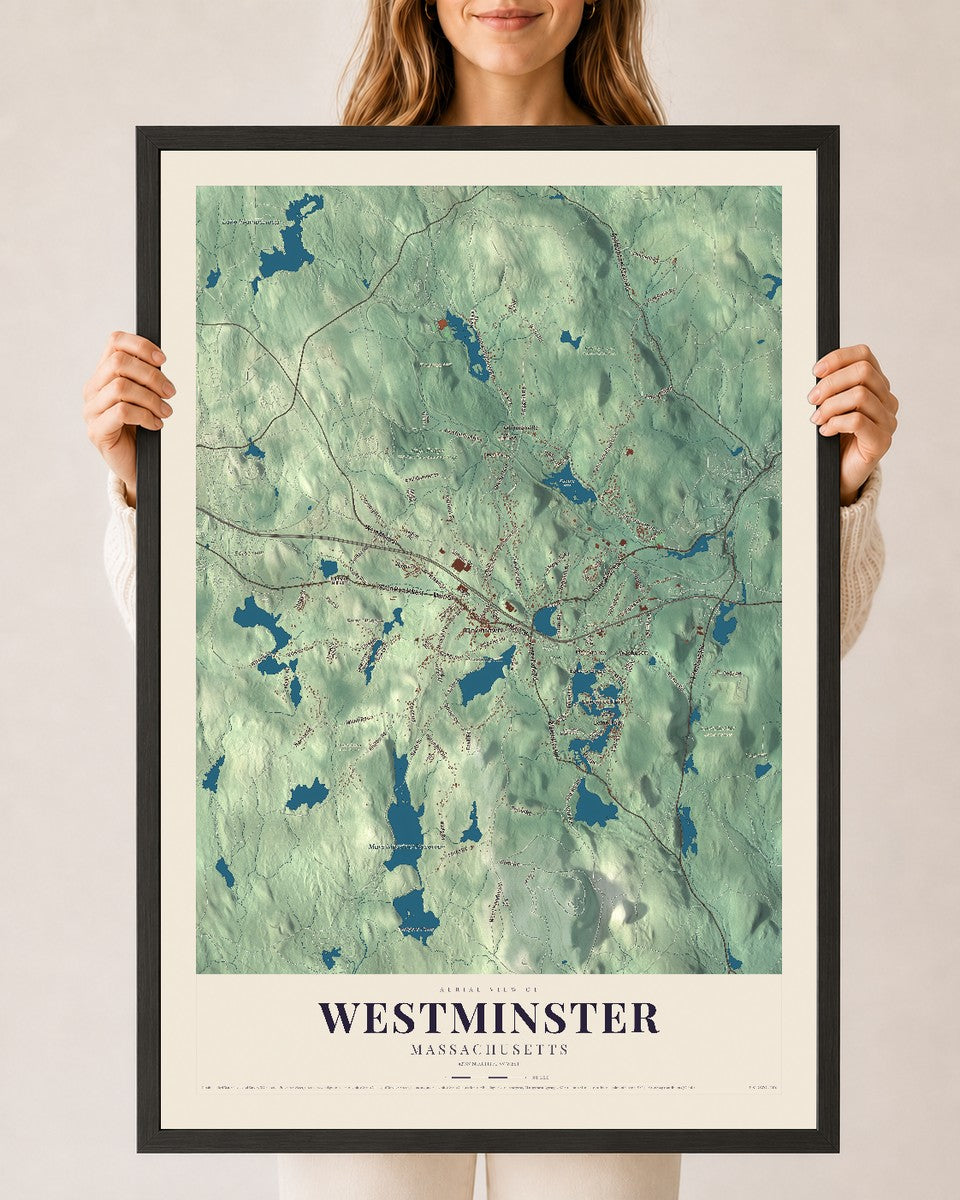 Westminster, Massachusetts map print - 24 x 36 black Ayous wood frame