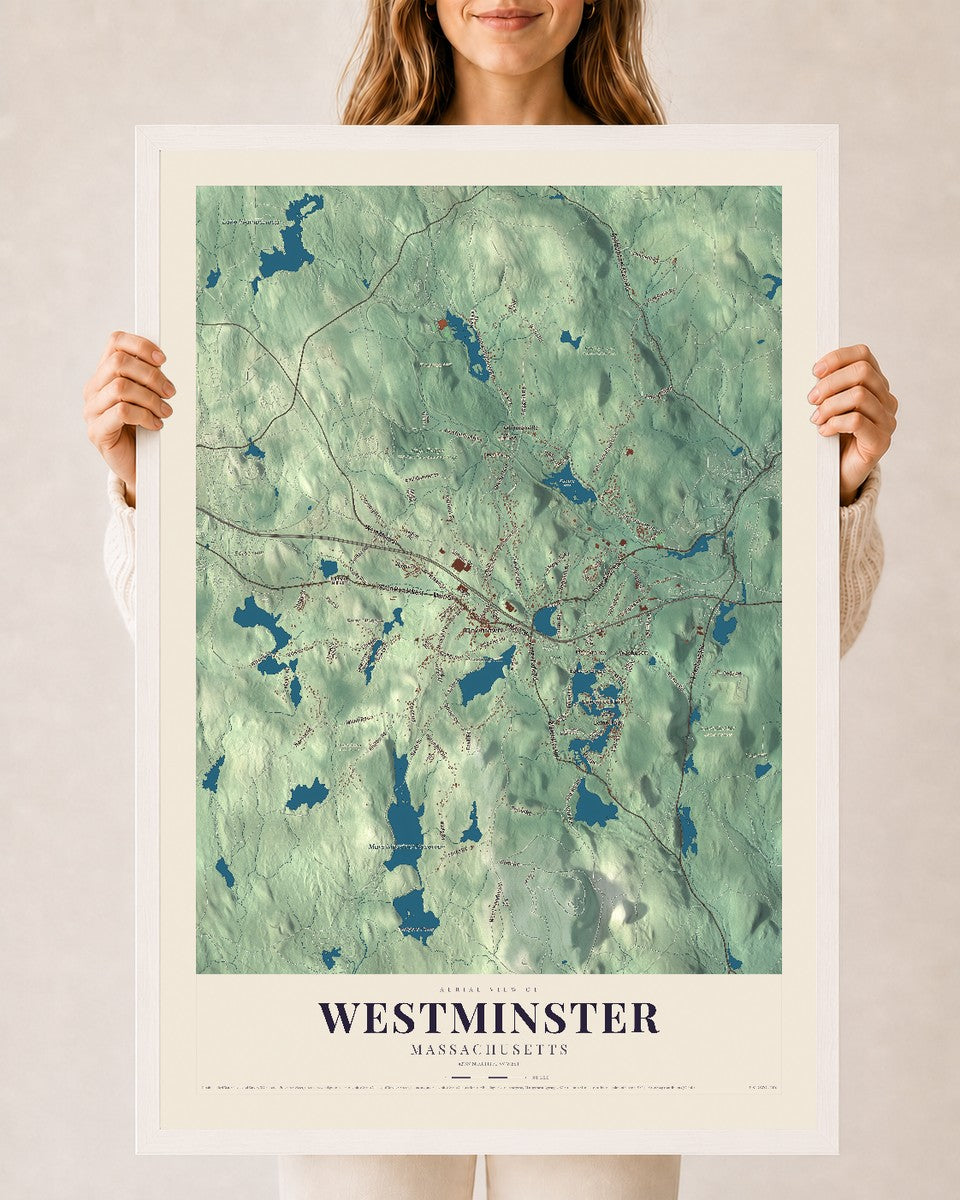 Westminster, Massachusetts map print - 24 x 36 white Ayous wood frame