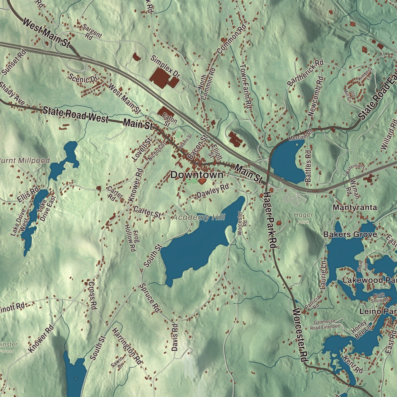 Terrain and local geography detail from the Westminster, Massachusetts map