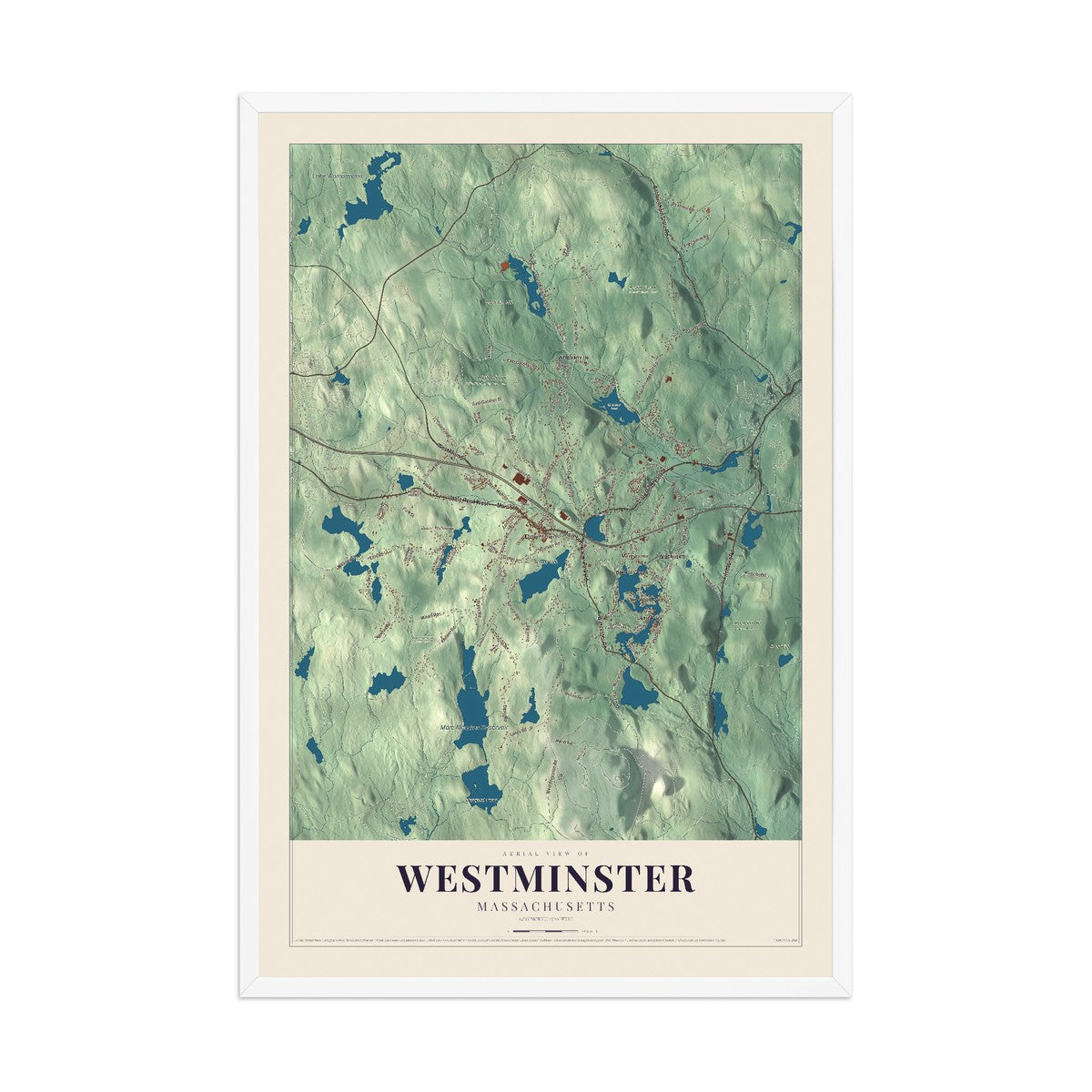 Map of Westminster, Massachusetts, 12 x 18 inch print in a white wood frame