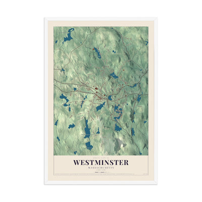 Map of Westminster, Massachusetts, 12 x 18 inch print in a white wood frame