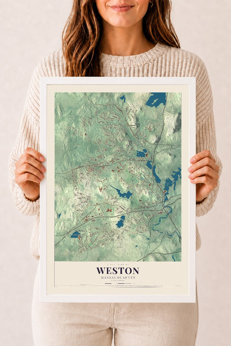 Weston, Massachusetts map print - 12 x 18 white Ayous wood frame