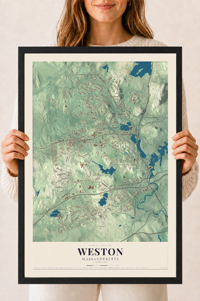 Weston, Massachusetts map print - 18 x 24 black Ayous wood frame