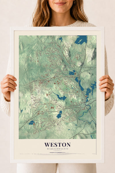 Weston, Massachusetts map print - 18 x 24 white Ayous wood frame