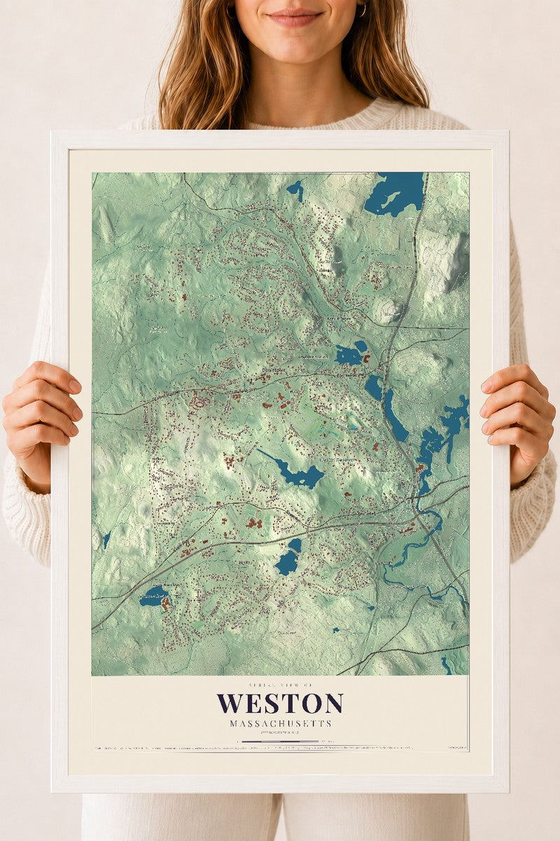Weston, Massachusetts map print - 18 x 24 white Ayous wood frame
