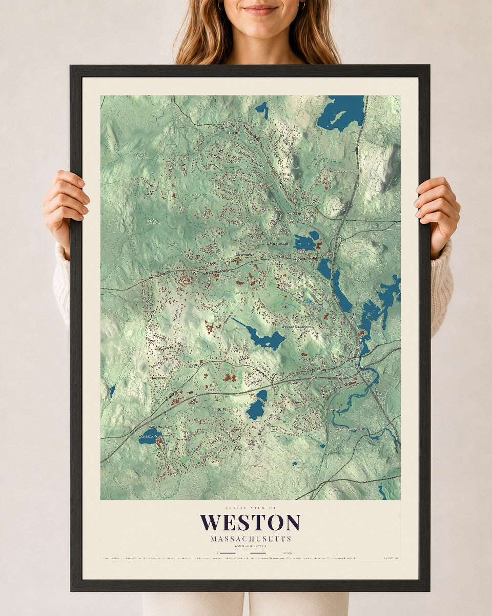 Weston, Massachusetts map print - 24 x 36 black Ayous wood frame