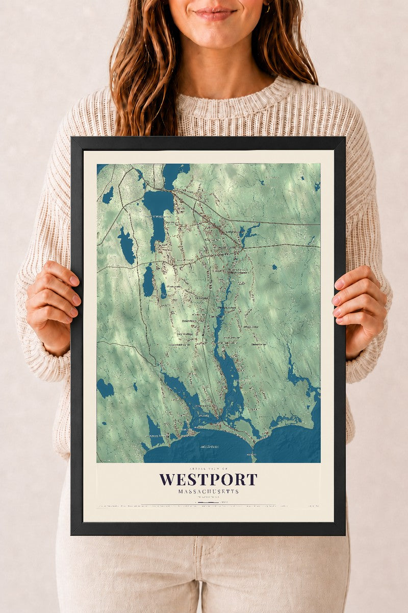 Westport, Massachusetts map print - 12 x 18 black Ayous wood frame