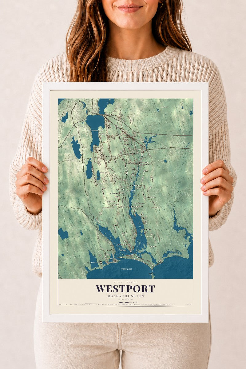 Westport, Massachusetts map print - 12 x 18 white Ayous wood frame