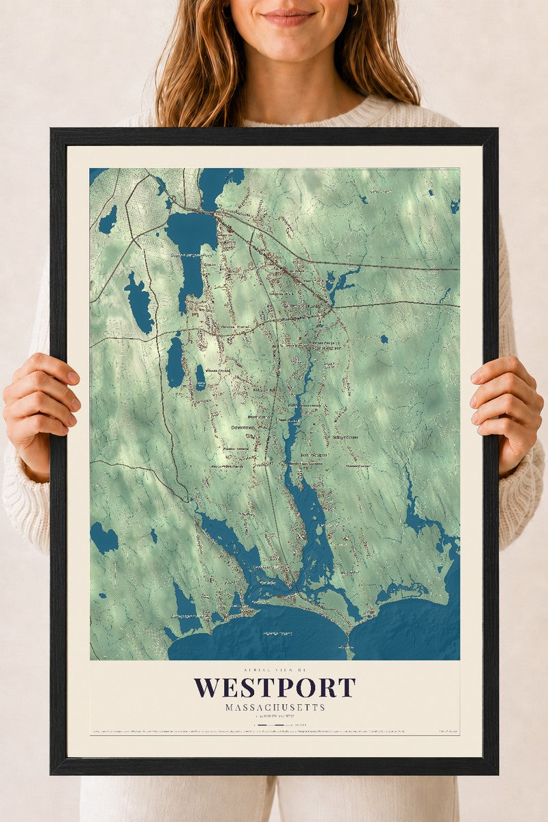Westport, Massachusetts map print - 18 x 24 black Ayous wood frame