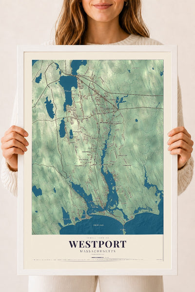 Westport, Massachusetts map print - 18 x 24 white Ayous wood frame