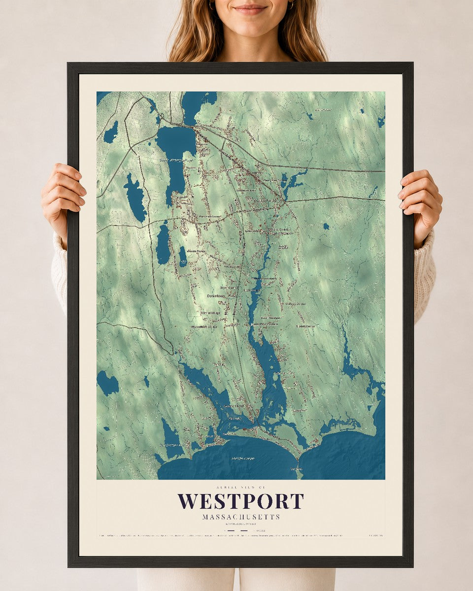 Westport, Massachusetts map print - 24 x 36 black Ayous wood frame