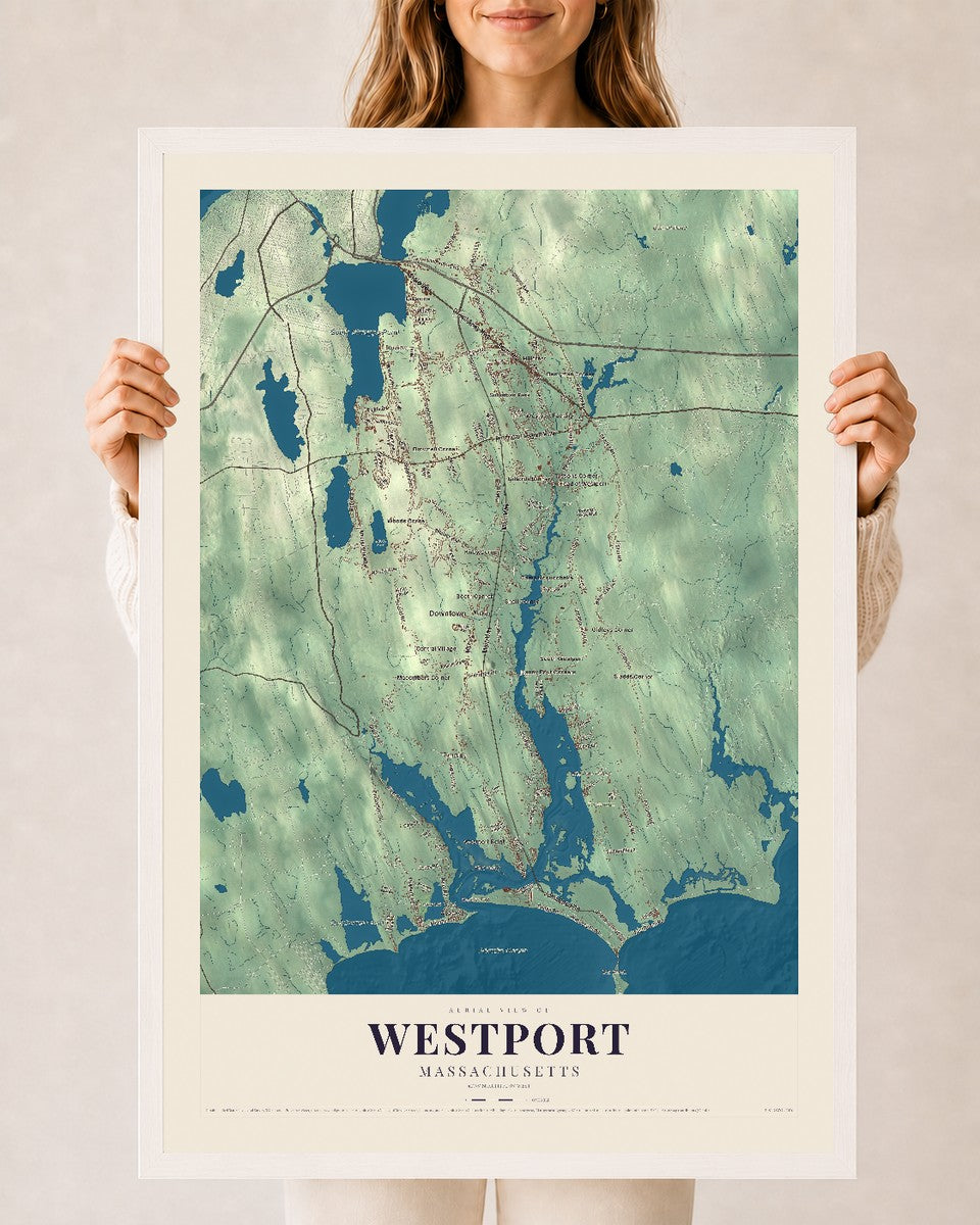 Westport, Massachusetts map print - 24 x 36 white Ayous wood frame
