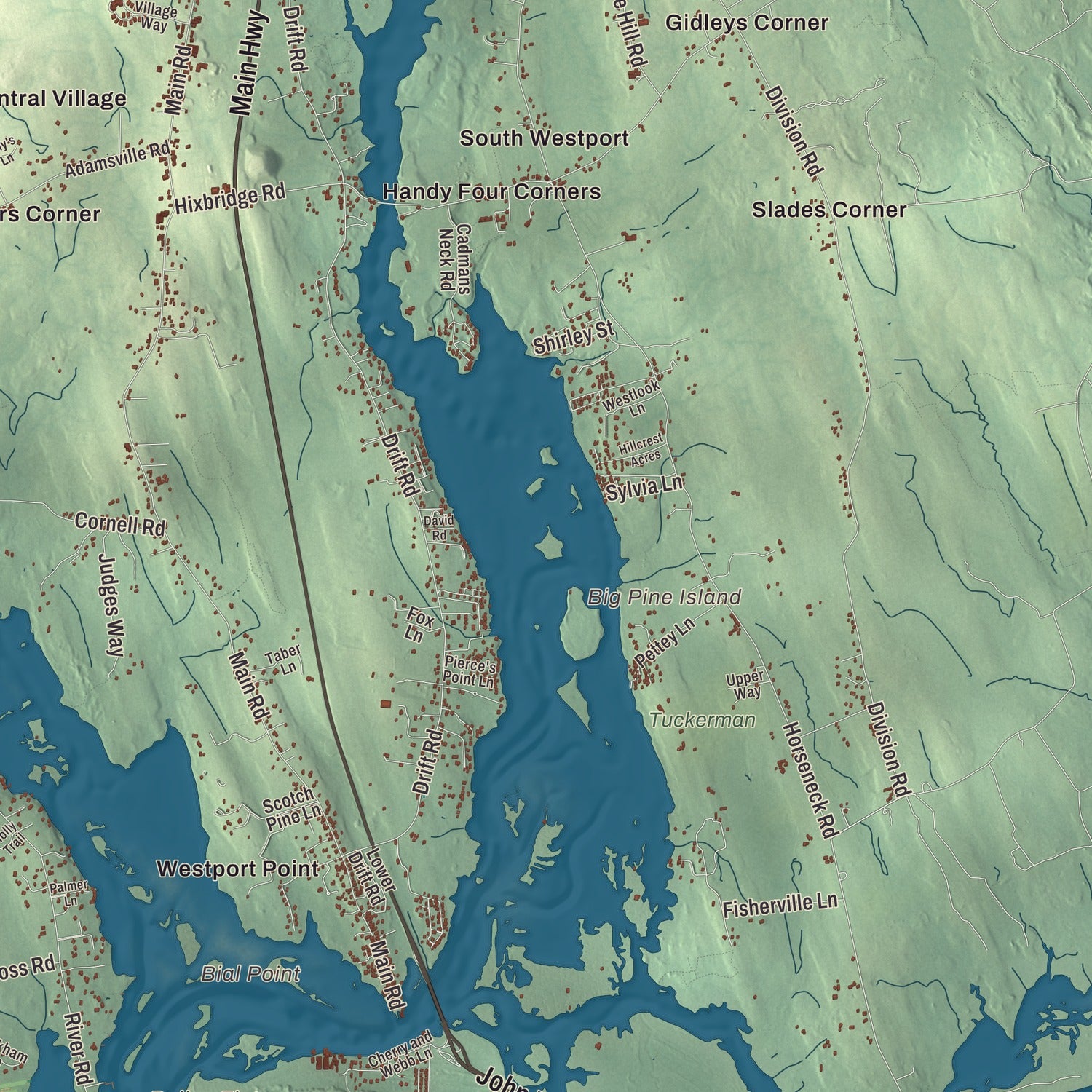 Terrain and local geography detail from the Westport, Massachusetts map