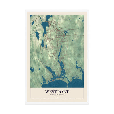 Map of Westport, Massachusetts, 12 x 18 inch print in a white wood frame