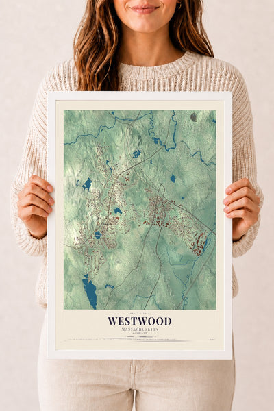 Westwood, Massachusetts map print - 12 x 18 white Ayous wood frame