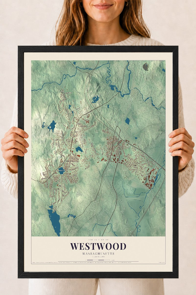 Westwood, Massachusetts map print - 18 x 24 black Ayous wood frame