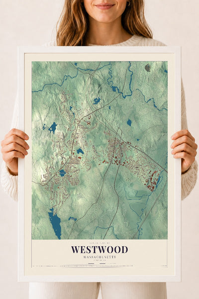 Westwood, Massachusetts map print - 18 x 24 white Ayous wood frame