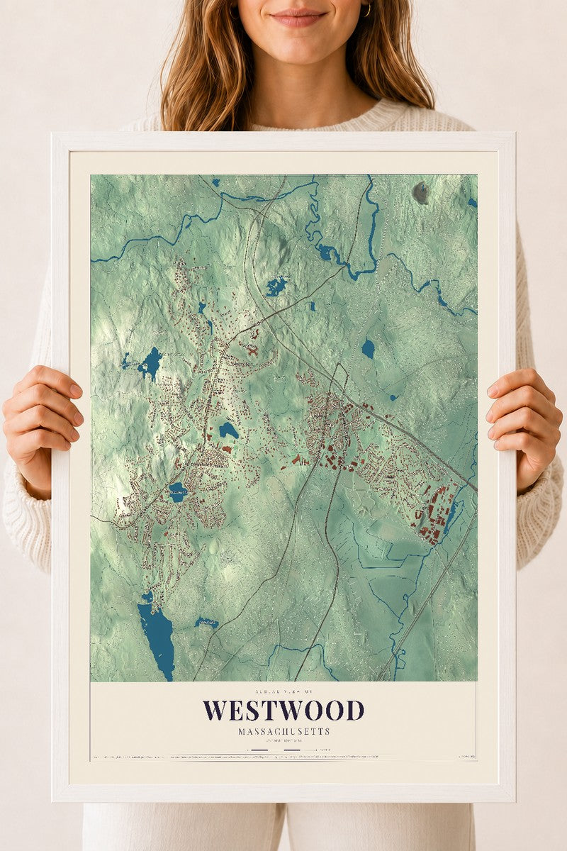 Westwood, Massachusetts map print - 18 x 24 white Ayous wood frame