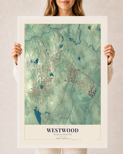 Westwood, Massachusetts map print - 24 x 36 white Ayous wood frame