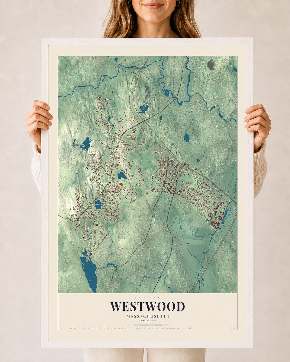 Westwood, Massachusetts map print - 24 x 36 white Ayous wood frame