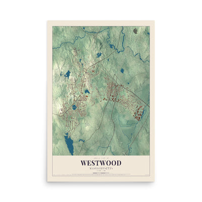 Map of Westwood, Massachusetts, 12 x 18 inch unframed archival matte print