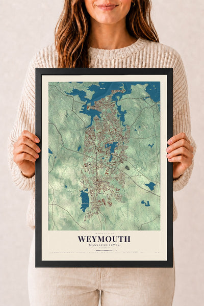 Weymouth, Massachusetts map print - 12 x 18 black Ayous wood frame