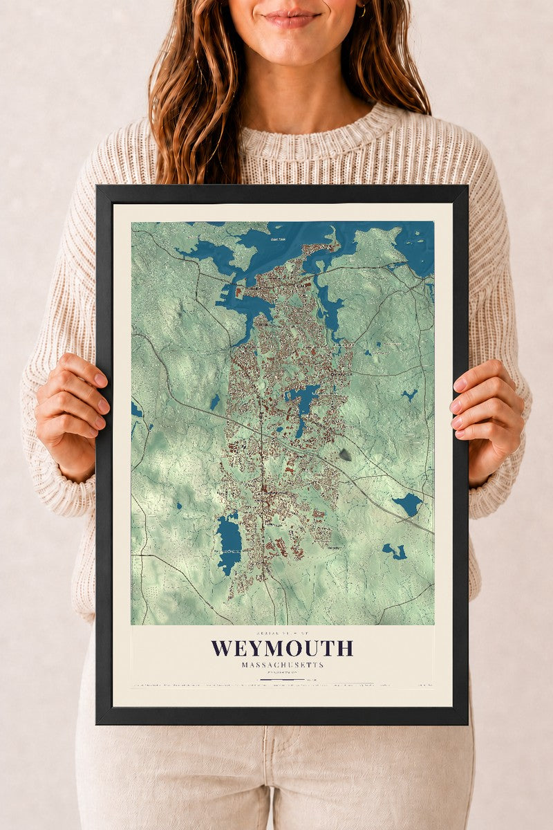 Weymouth, Massachusetts map print - 12 x 18 black Ayous wood frame