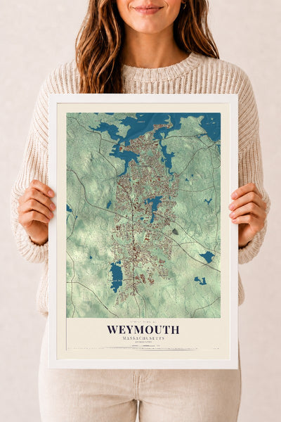Weymouth, Massachusetts map print - 12 x 18 white Ayous wood frame