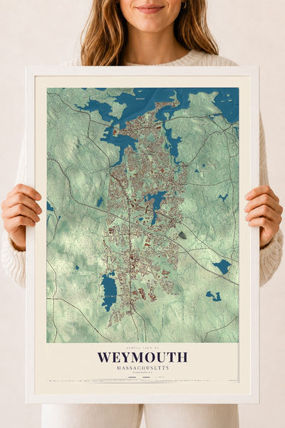 Weymouth, Massachusetts map print - 18 x 24 white Ayous wood frame