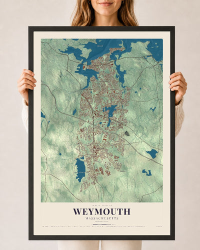Weymouth, Massachusetts map print - 24 x 36 black Ayous wood frame