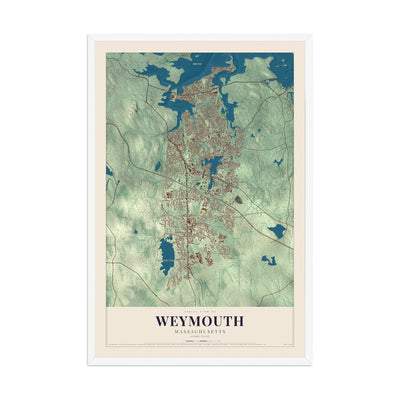 Map of Weymouth, Massachusetts, 12 x 18 inch print in a white wood frame