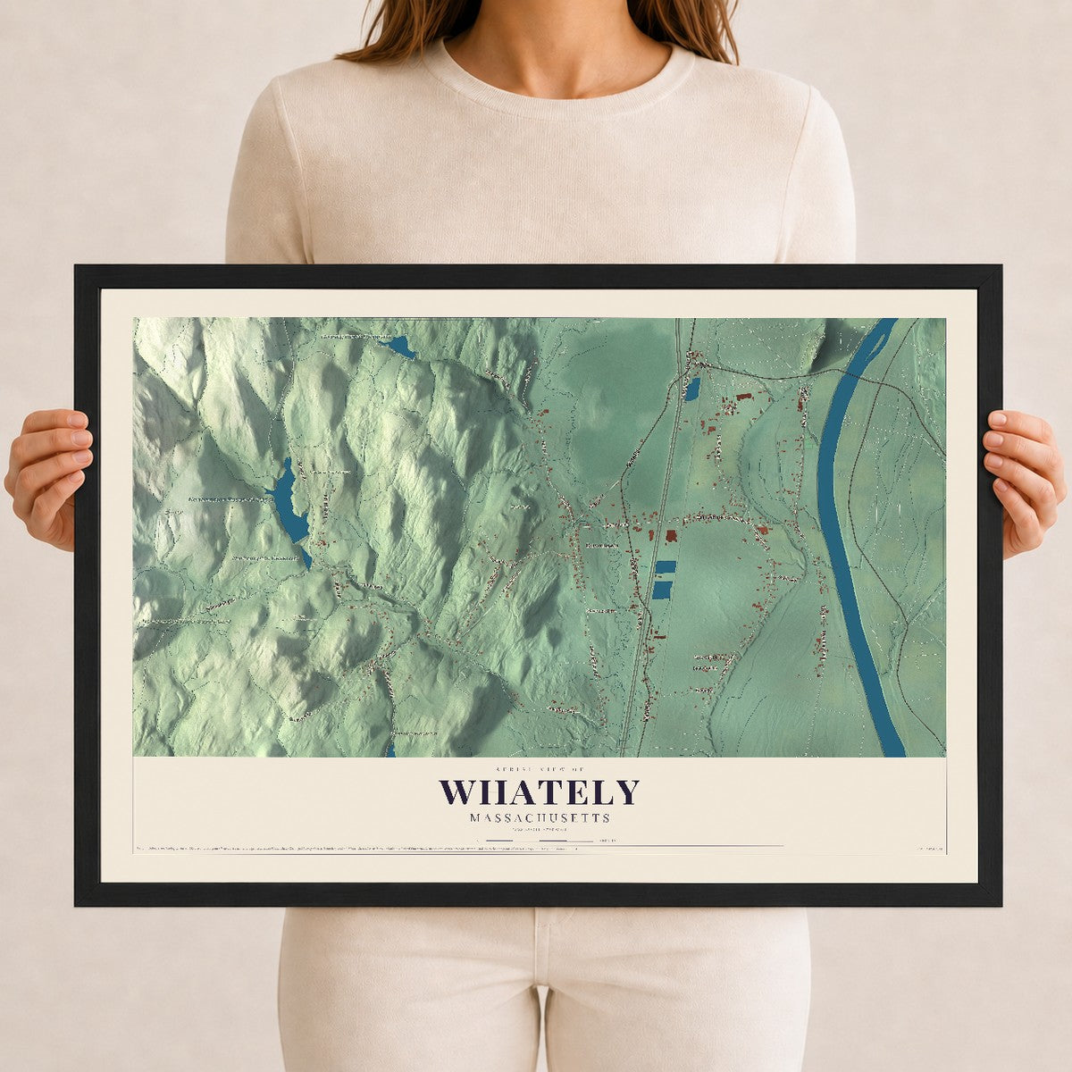 Whately, Massachusetts map print - 12 x 18 black Ayous wood frame