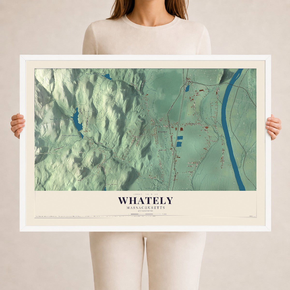 Whately, Massachusetts map print - 24 x 36 white Ayous wood frame