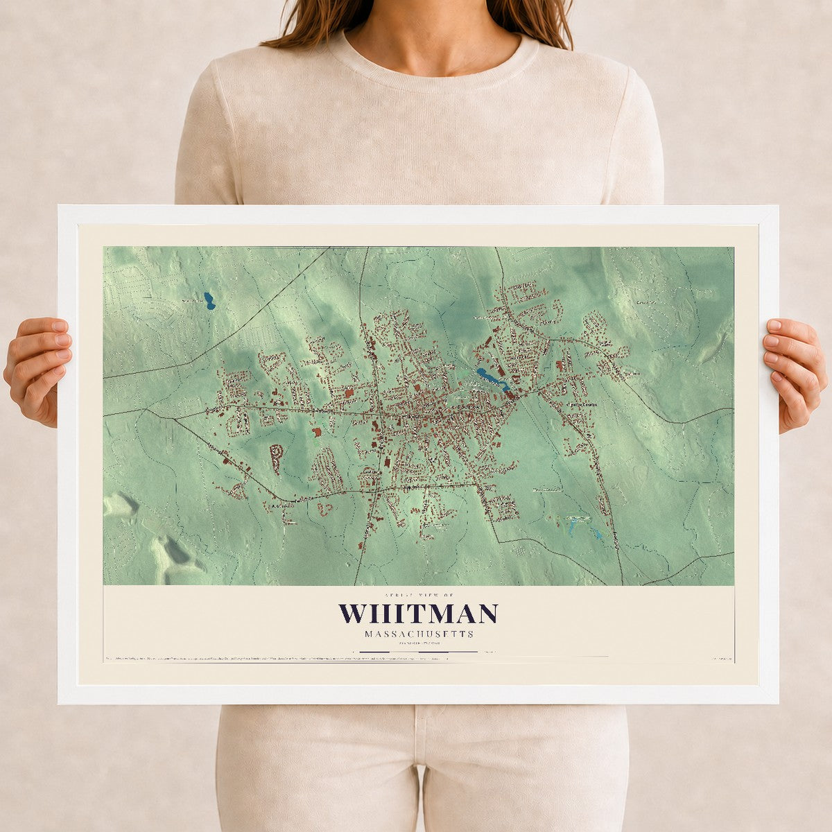 Whitman, Massachusetts map print - 12 x 18 white Ayous wood frame