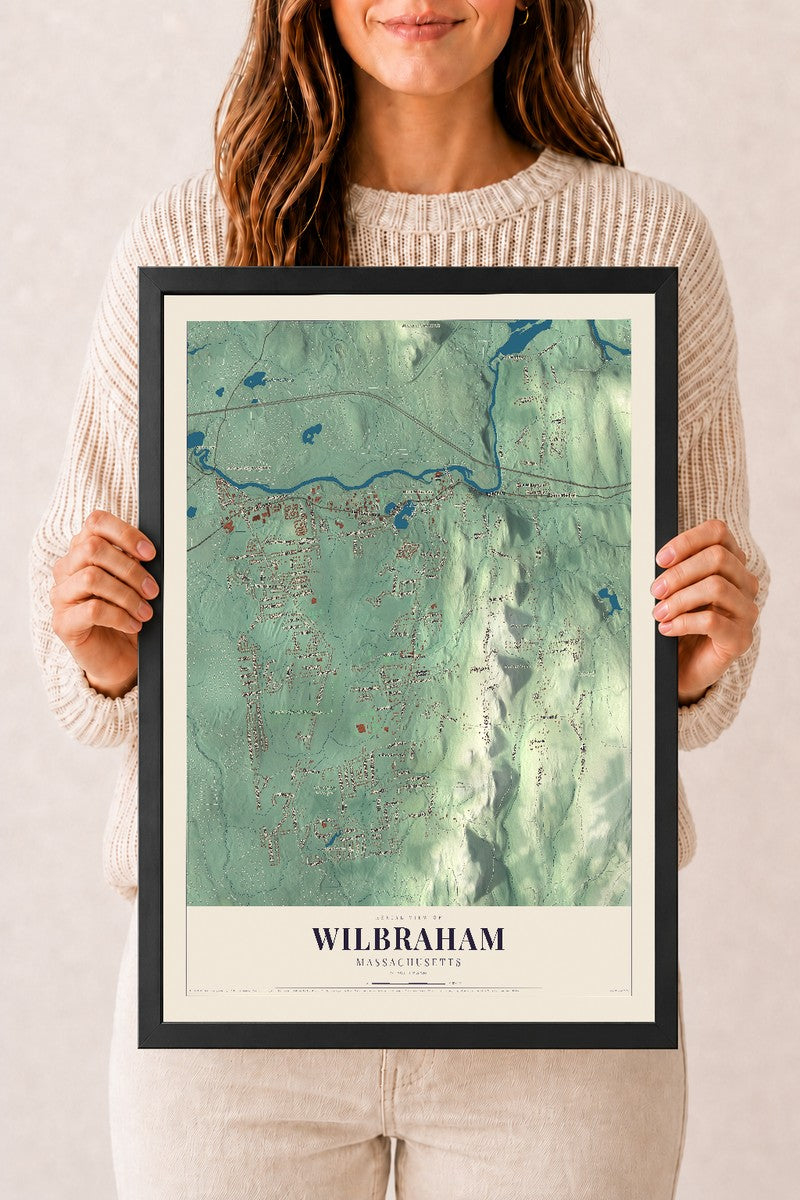 Wilbraham, Massachusetts map print - 12 x 18 black Ayous wood frame