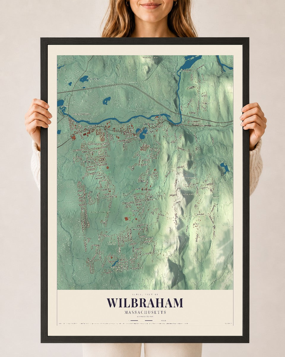 Wilbraham, Massachusetts map print - 24 x 36 black Ayous wood frame