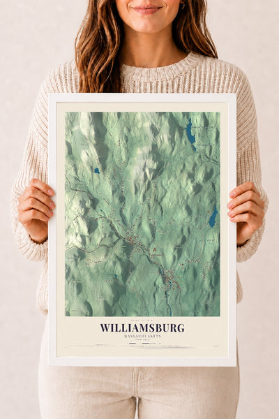 Williamsburg, Massachusetts map print - 12 x 18 white Ayous wood frame