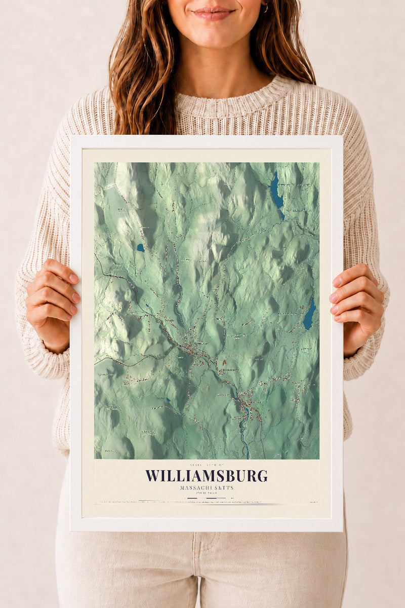 Williamsburg, Massachusetts map print - 12 x 18 white Ayous wood frame