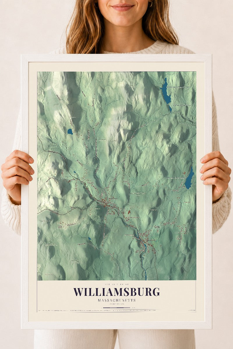 Williamsburg, Massachusetts map print - 18 x 24 white Ayous wood frame