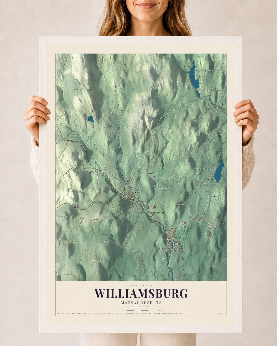 Williamsburg, Massachusetts map print - 24 x 36 white Ayous wood frame