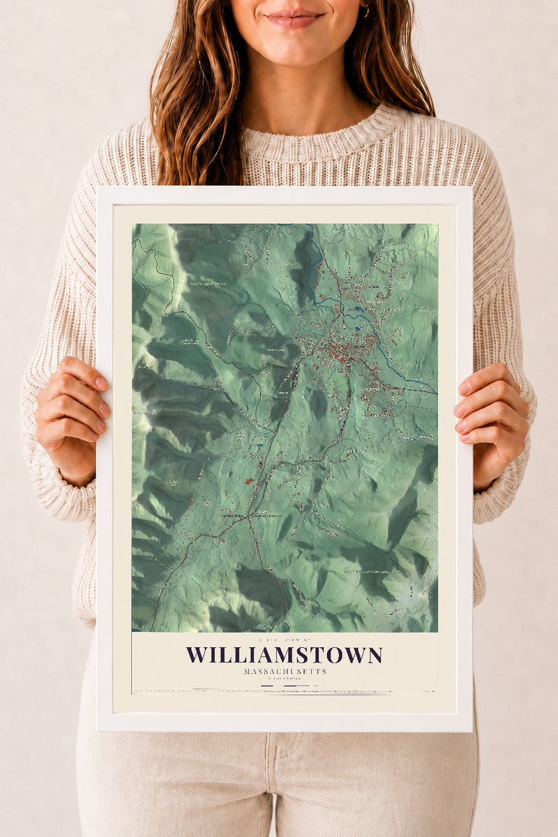 Williamstown, Massachusetts map print - 12 x 18 white Ayous wood frame